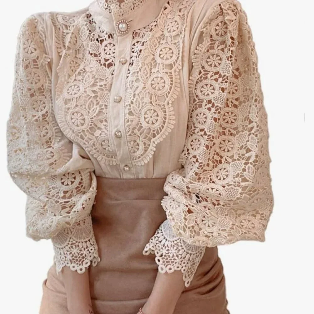 VICTORIAN BEAUTY Crochet Lace Mock Neck Pearl Button Down Blouse NEW